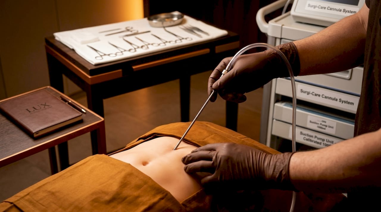 Surgeon's hands holding cannula during liposuction