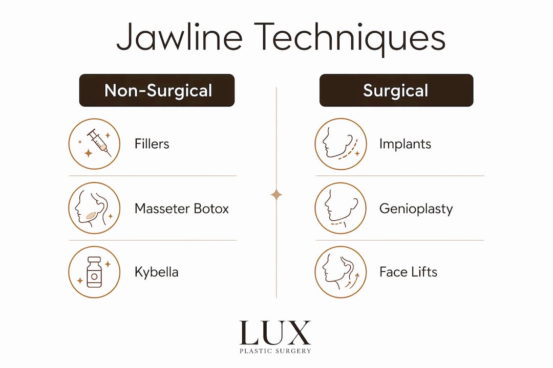 Infographic comparing non-surgical and surgical jawline techniques