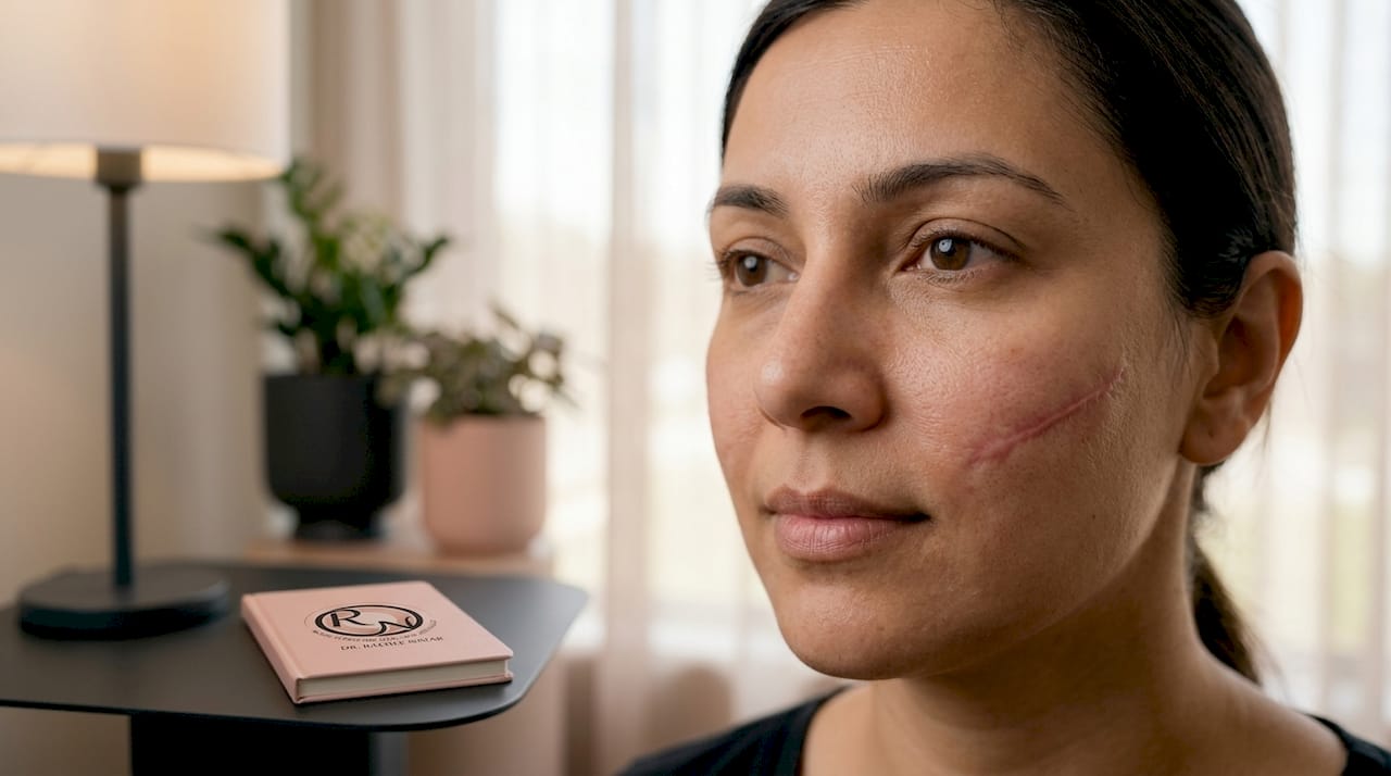 Close-up healed skin cancer surgery scar on cheek