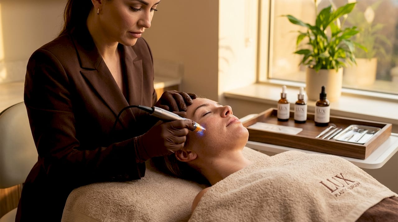 Microneedling treatment stimulating collagen on cheek
