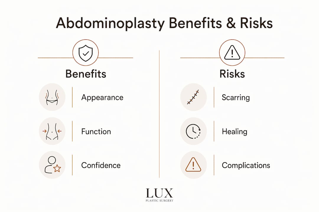 Infographic comparing benefits and risks of abdominoplasty