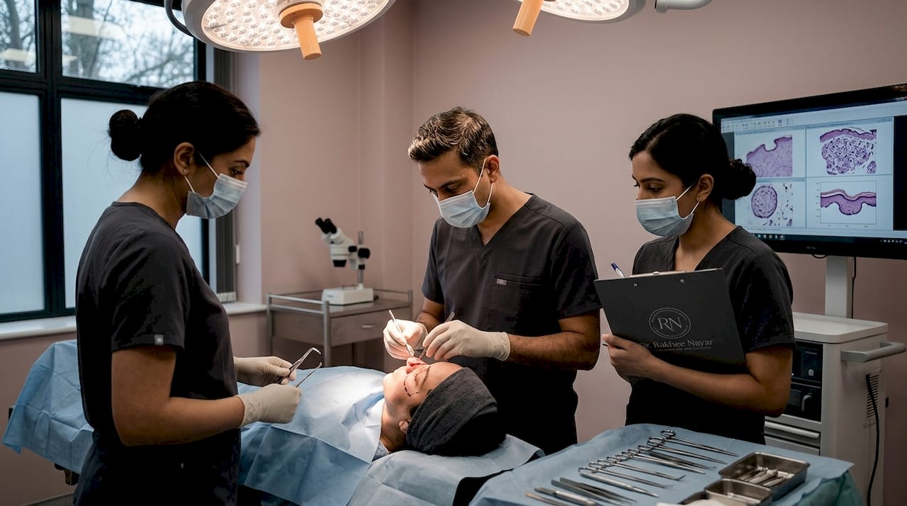 Surgical team performing Mohs skin cancer surgery