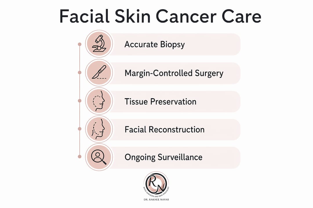 Infographic illustrating facial skin cancer care key steps