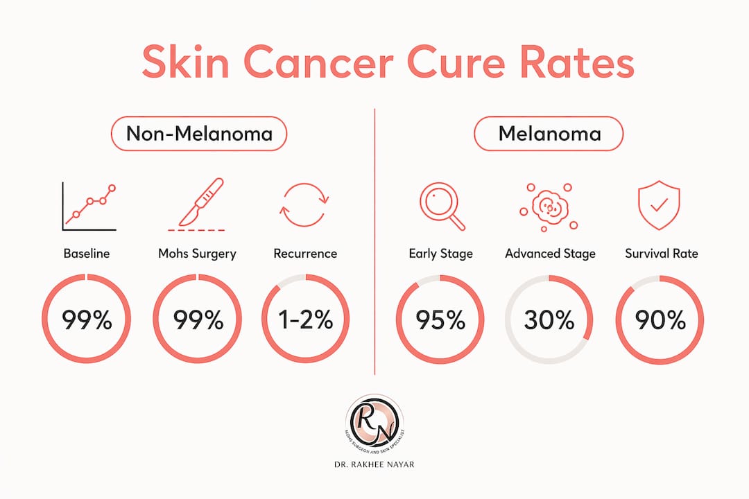Infographic contrasting melanoma with non-melanoma skin cancer cure rates