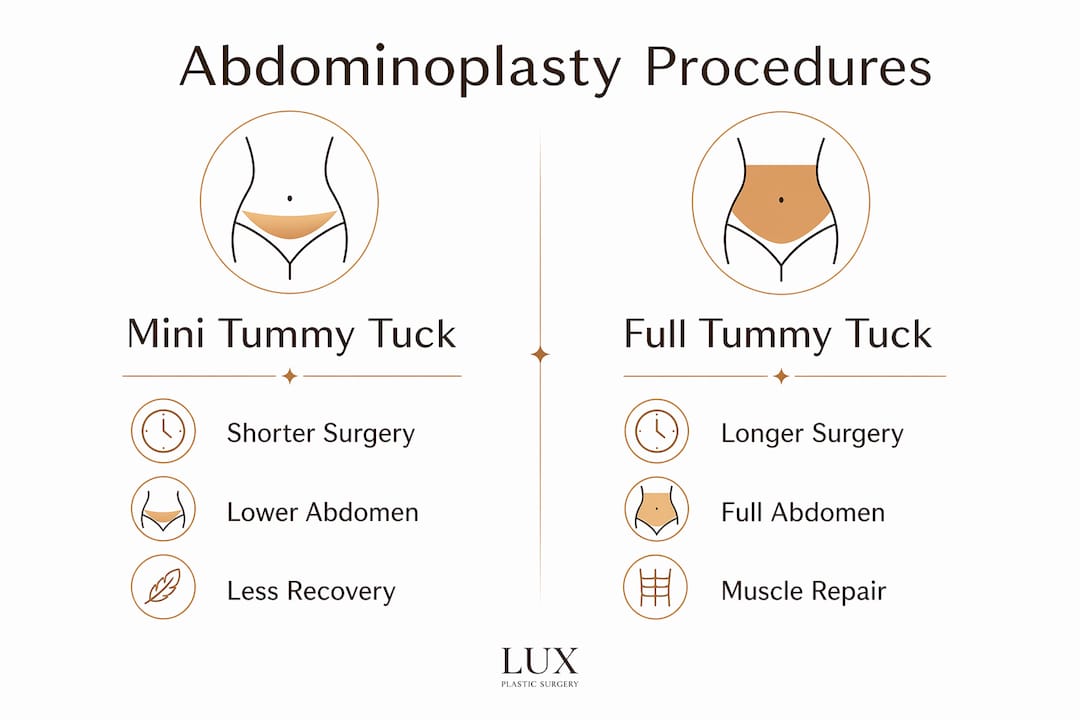 Infographic comparing mini vs full abdominoplasty procedures