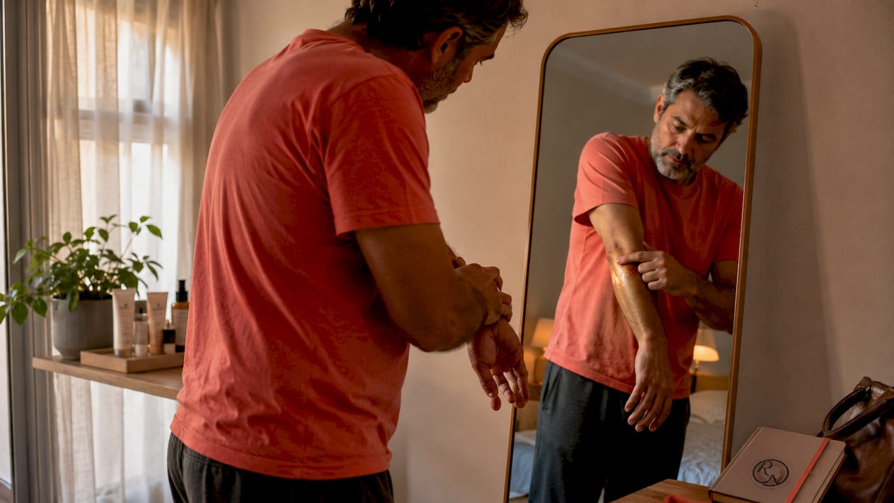 Man checking skin for cancer signs in bathroom mirror