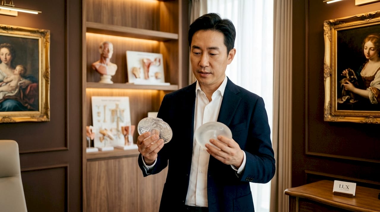 Hands holding silicone and saline breast implants