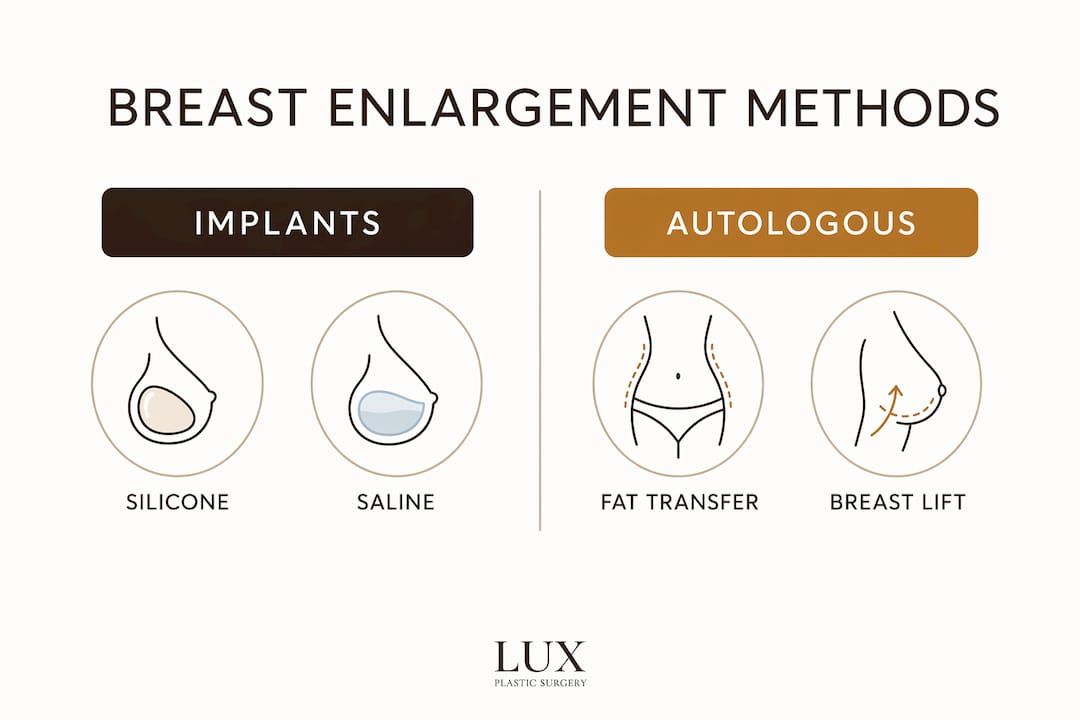 Infographic comparing implant and autologous breast enlargement methods
