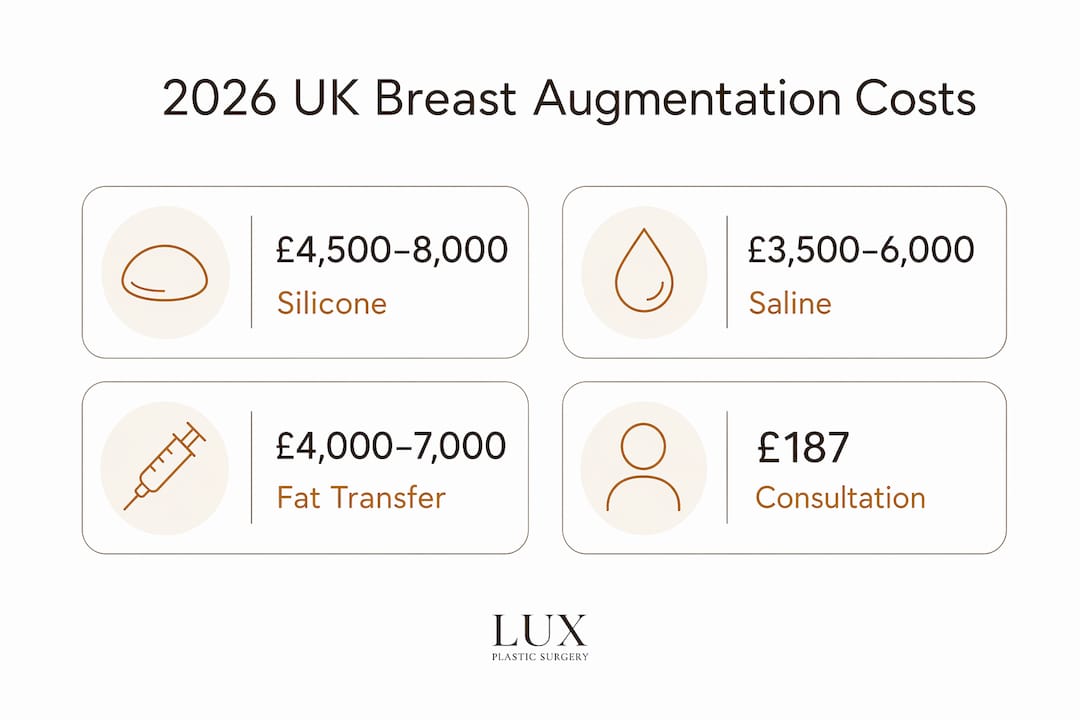 Infographic showing 2026 UK breast augmentation price ranges
