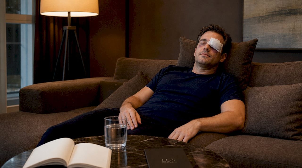 Man applying cold compress to swollen eyelid
