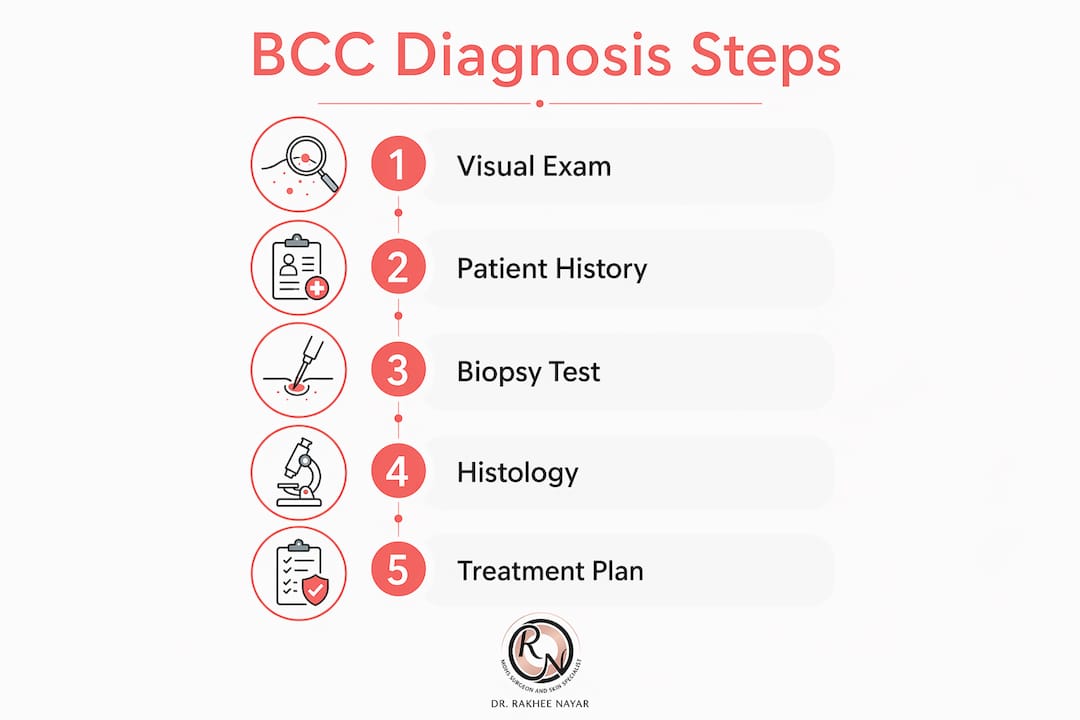 Vertical flow infographic of BCC diagnosis steps