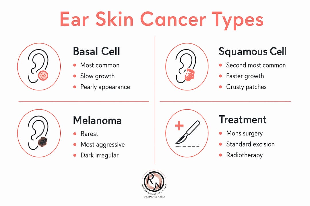 Infographic comparing types of ear skin cancer and treatments