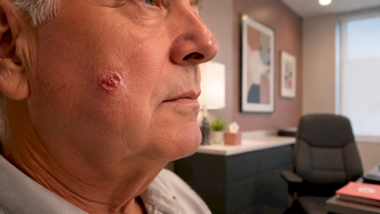 Close-up basal cell carcinoma lesion on nose