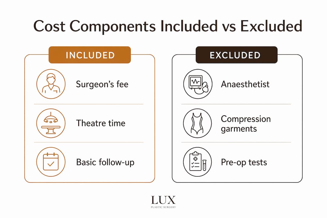 Infographic comparing included and excluded abdominoplasty costs