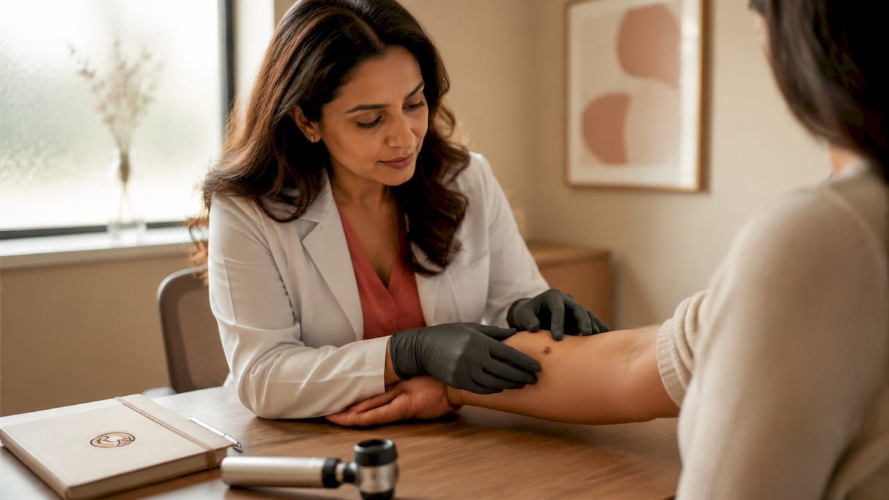 Dermatoscope inspecting white skin lesion close-up