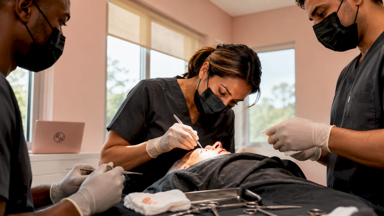 Surgical team performing facial skin cancer excision