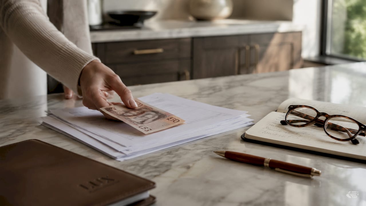 Hand placing UK money on surgical invoice