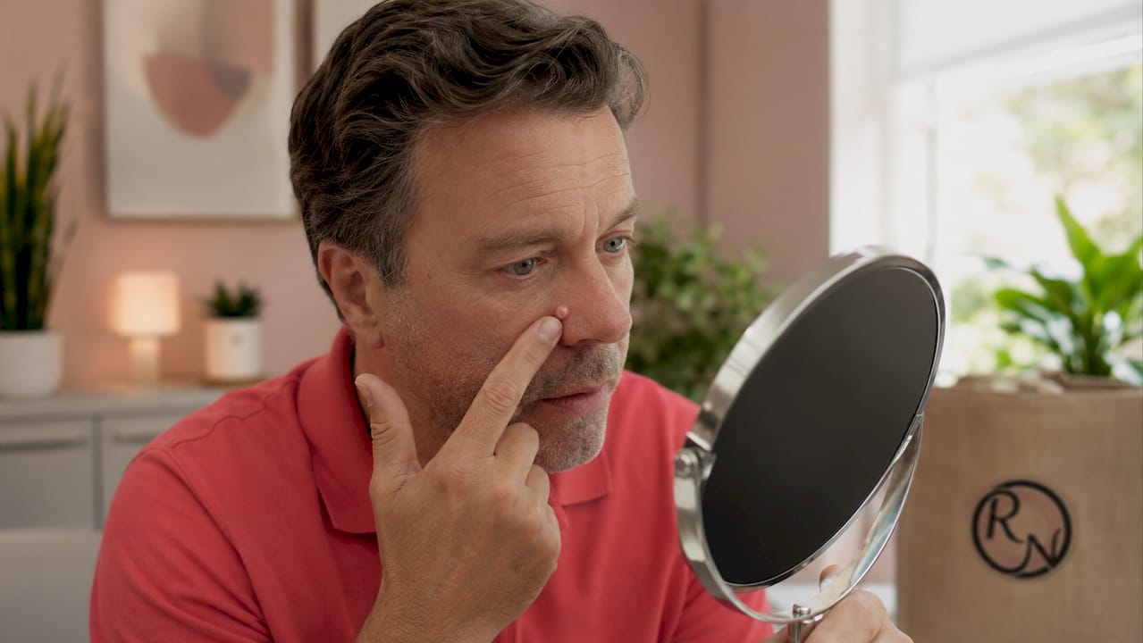 Man self-examining shiny bump on nose outdoors