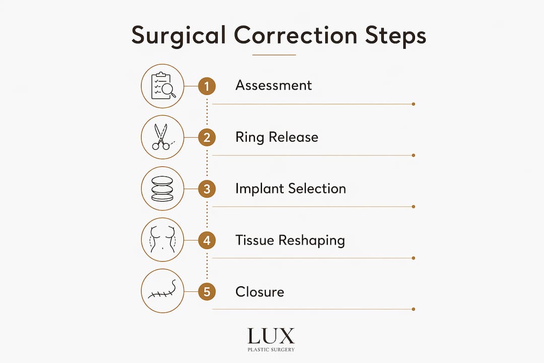Infographic illustrating surgical correction steps for tuberous breasts