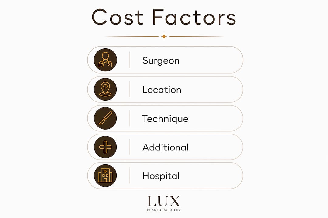 Infographic outlining factors influencing mastopexy cost