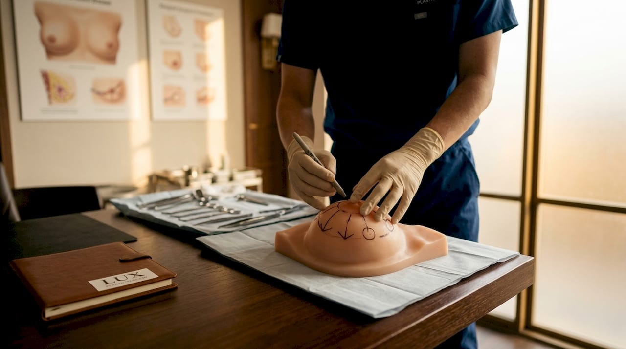 Surgeon demonstrating breast incision techniques