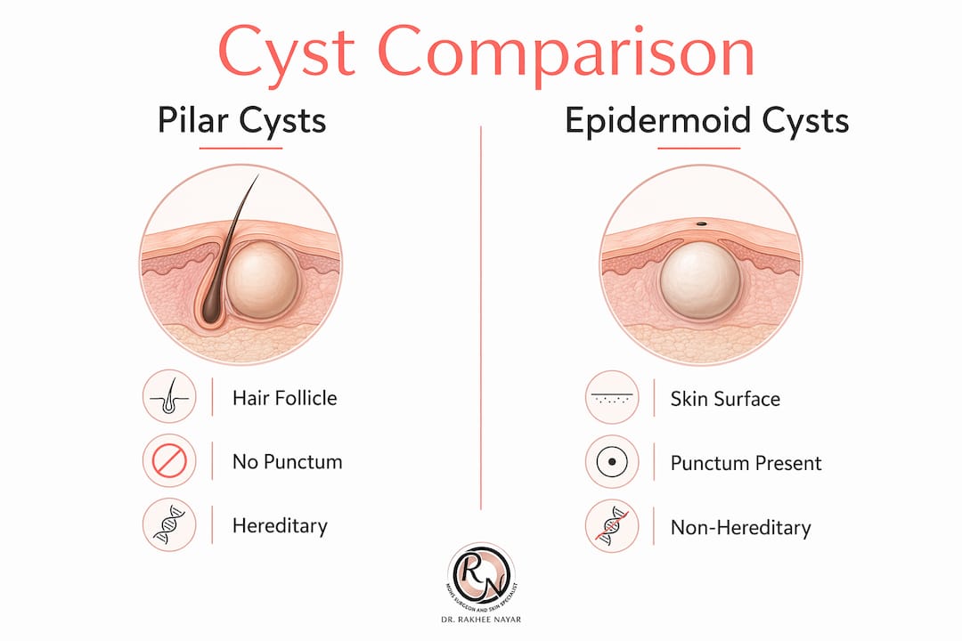 Infographic comparing pilar and epidermoid scalp cysts