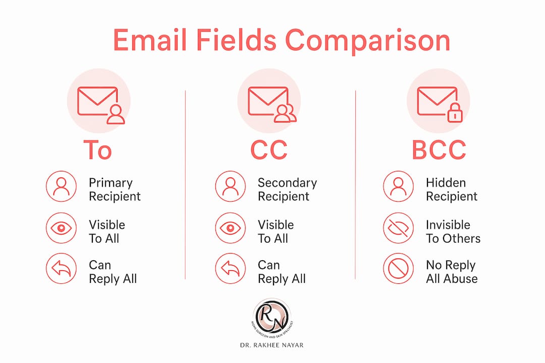 Infographic comparing To, CC, and BCC email fields