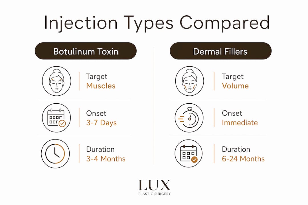 Infographic comparing botulinum toxin and dermal fillers