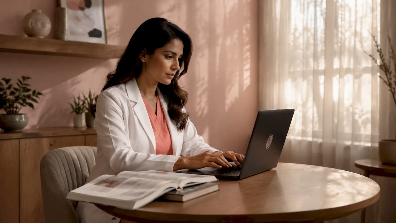 Healthcare worker verifying surgeon credentials digitally