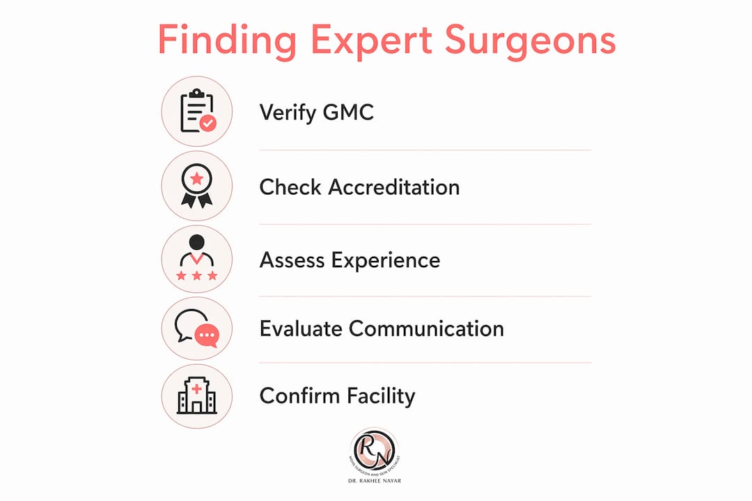 Infographic illustrating steps to find expert skin surgeons in UK