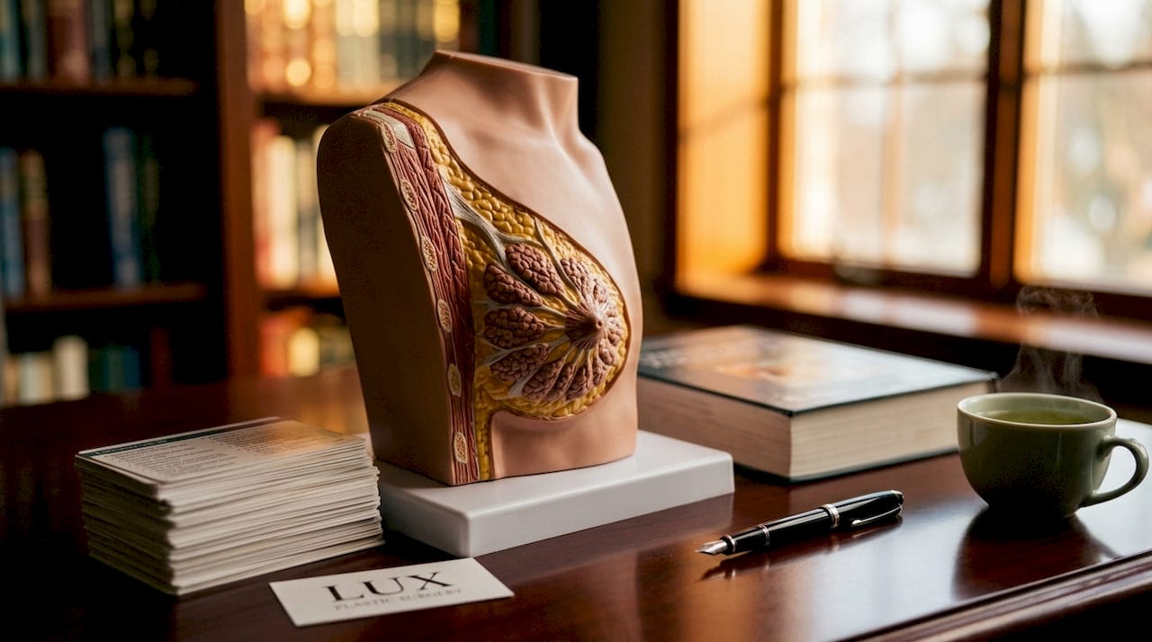 Anatomical model highlighting male glandular breast tissue