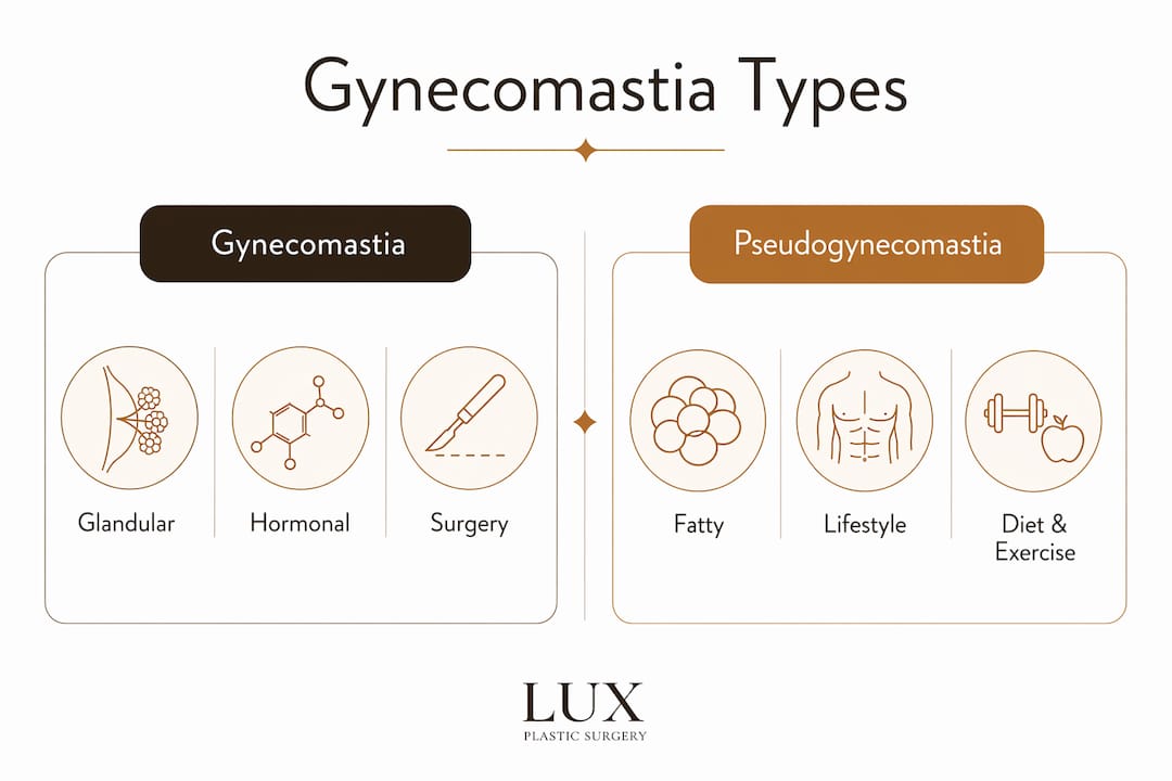 Infographic comparing gynecomastia and pseudogynecomastia