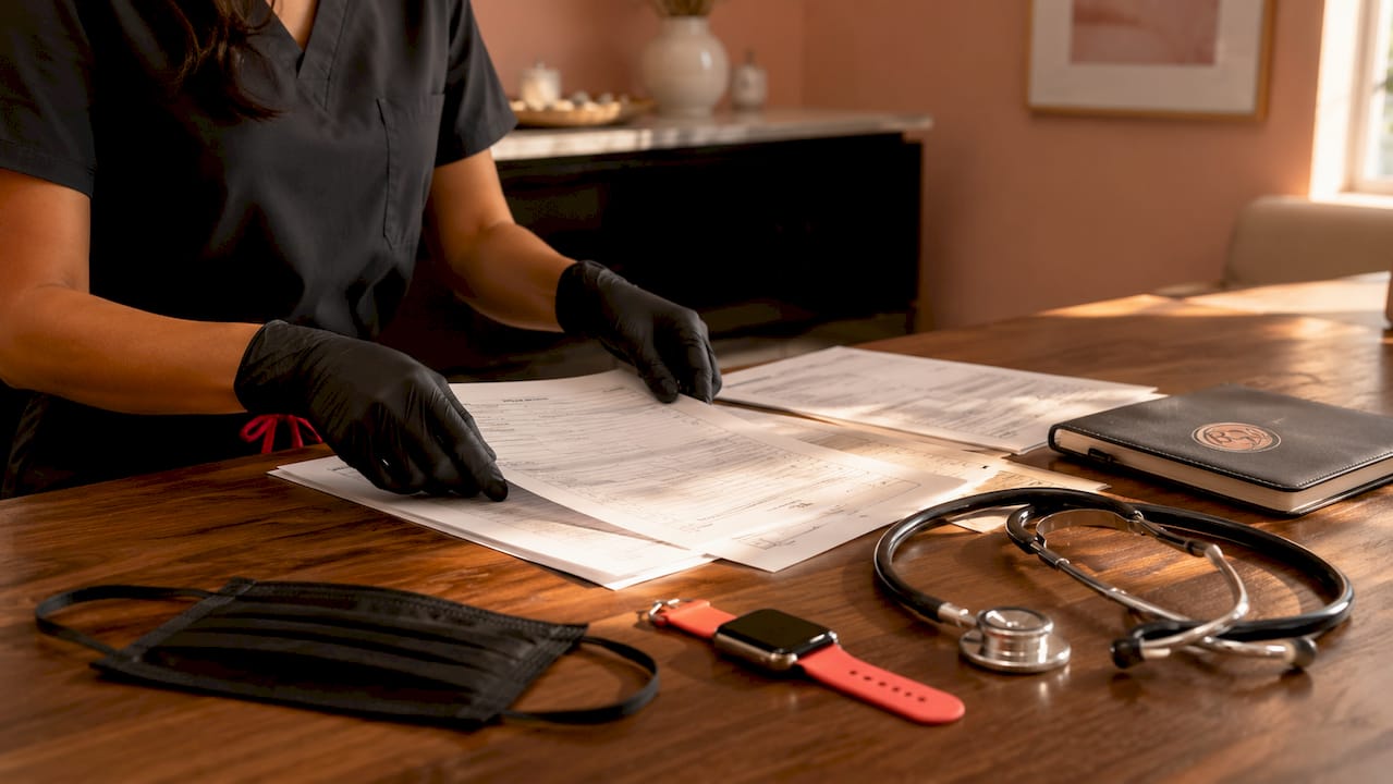 Gloved hands arranging surgery prep documents