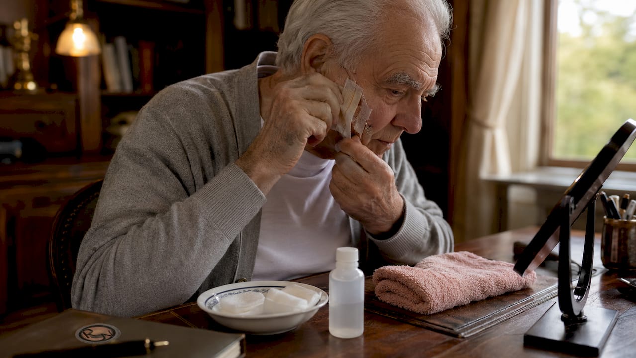 Elderly man changing facial wound dressing at home