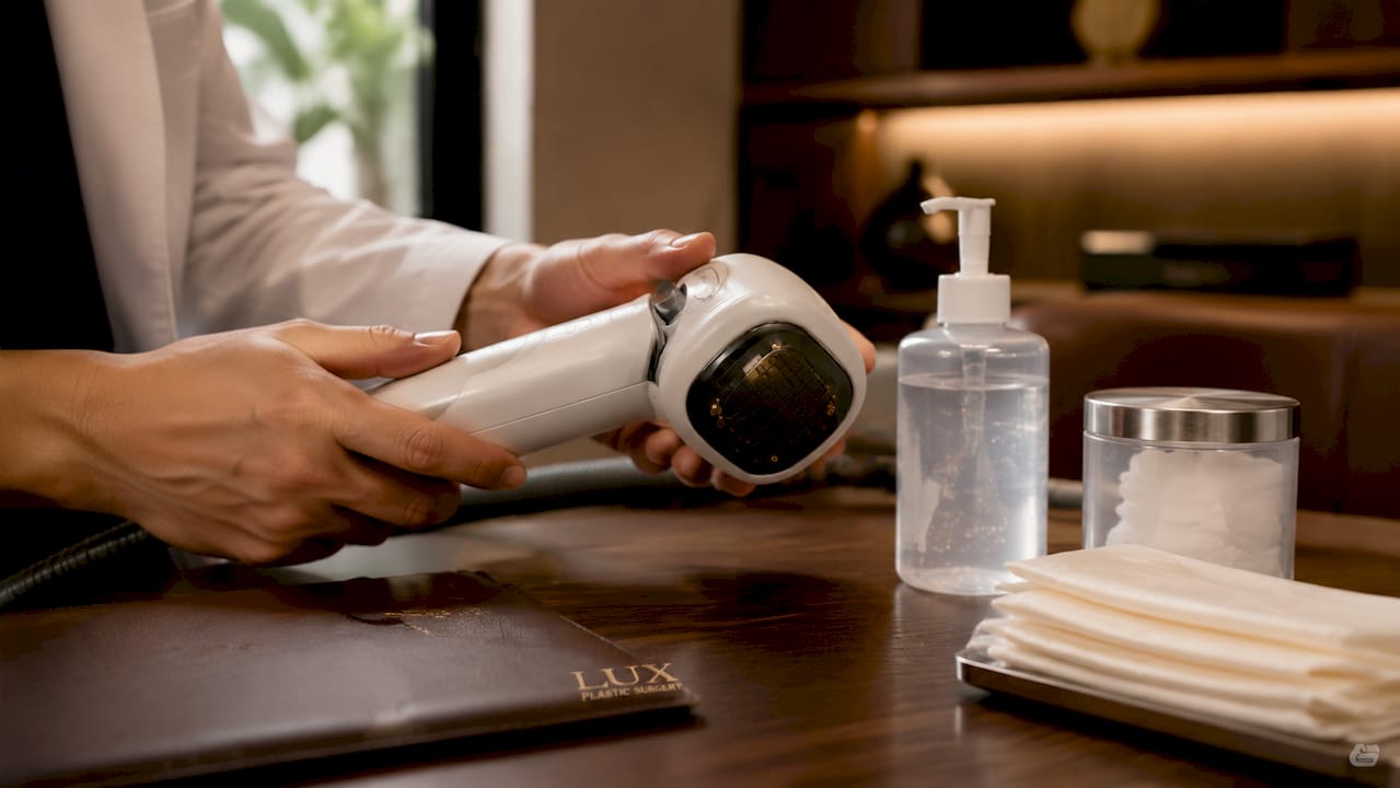 Close-up of hands adjusting HIFU device