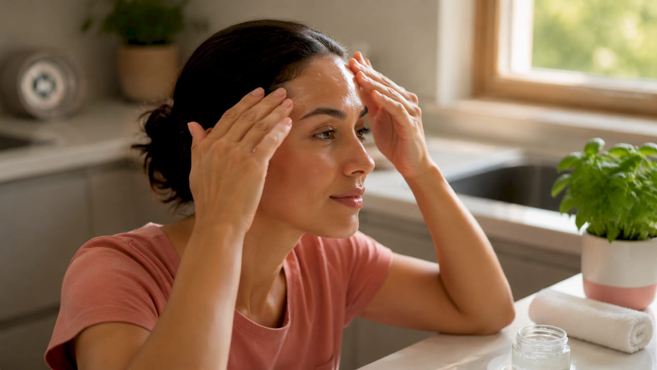 Person applying moisturizer to facial skin in bathroom