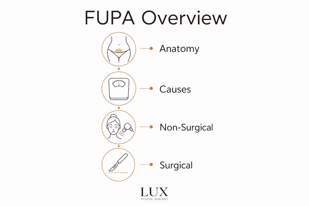 Infographic outlining FUPA anatomy, causes, and treatments