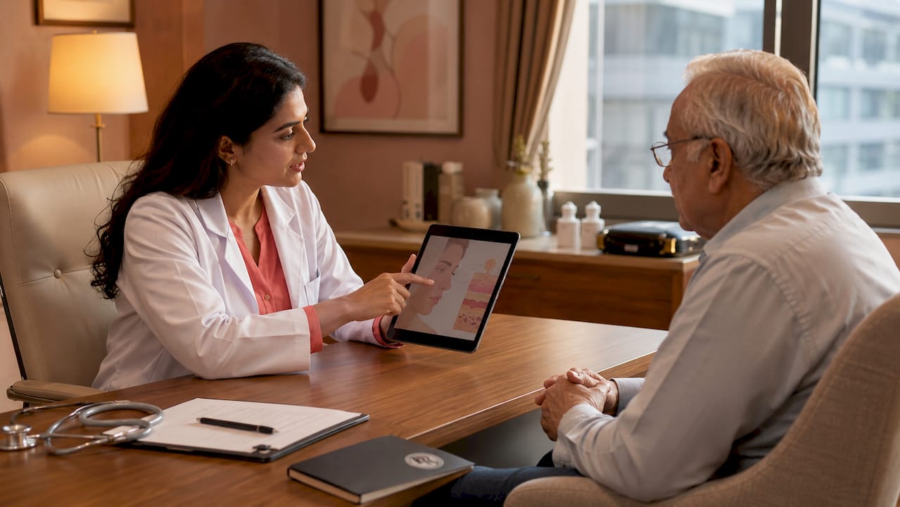 Dermatologist consulting patient about treatment