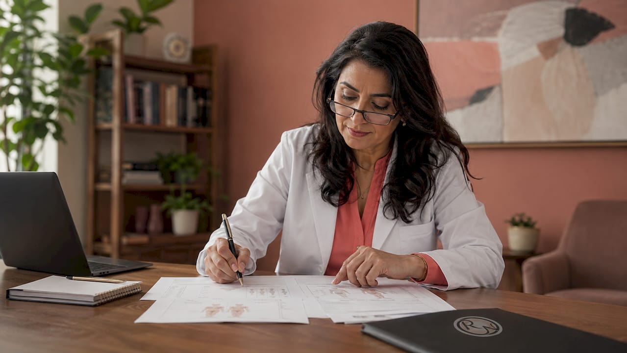 Medical oncologist reviewing immunotherapy plans