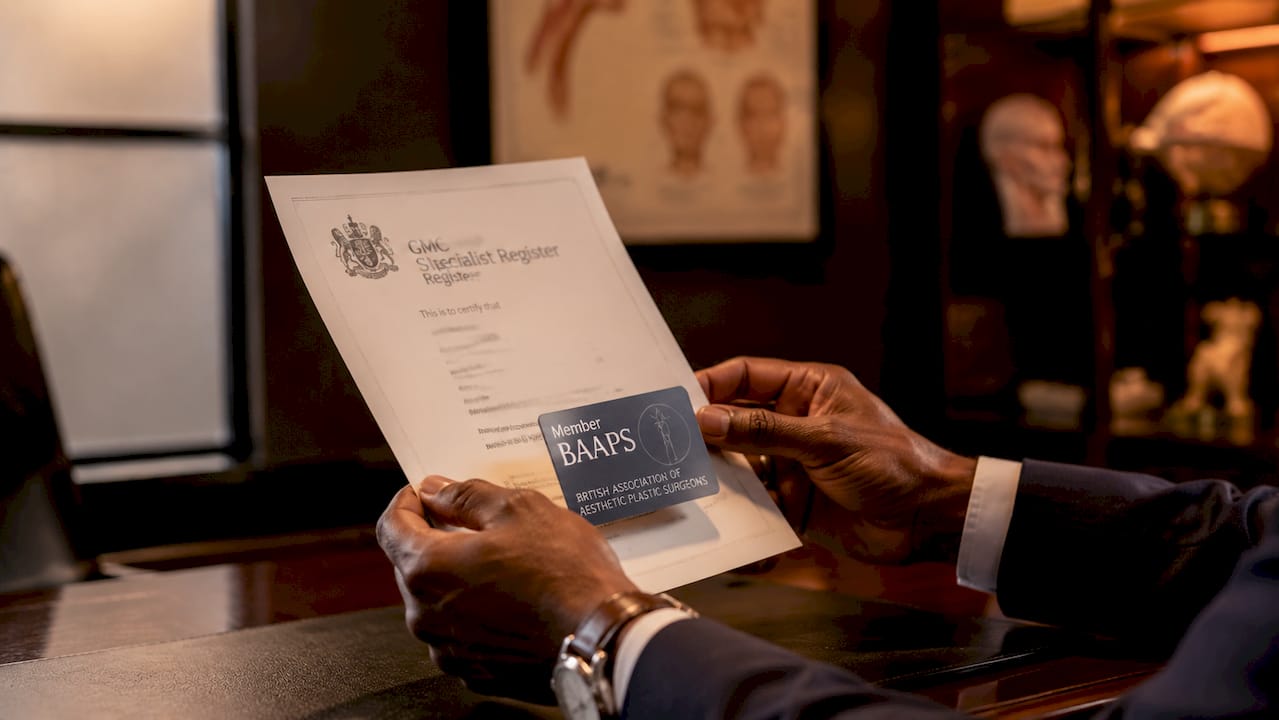 Hands holding UK surgeon qualification certificates