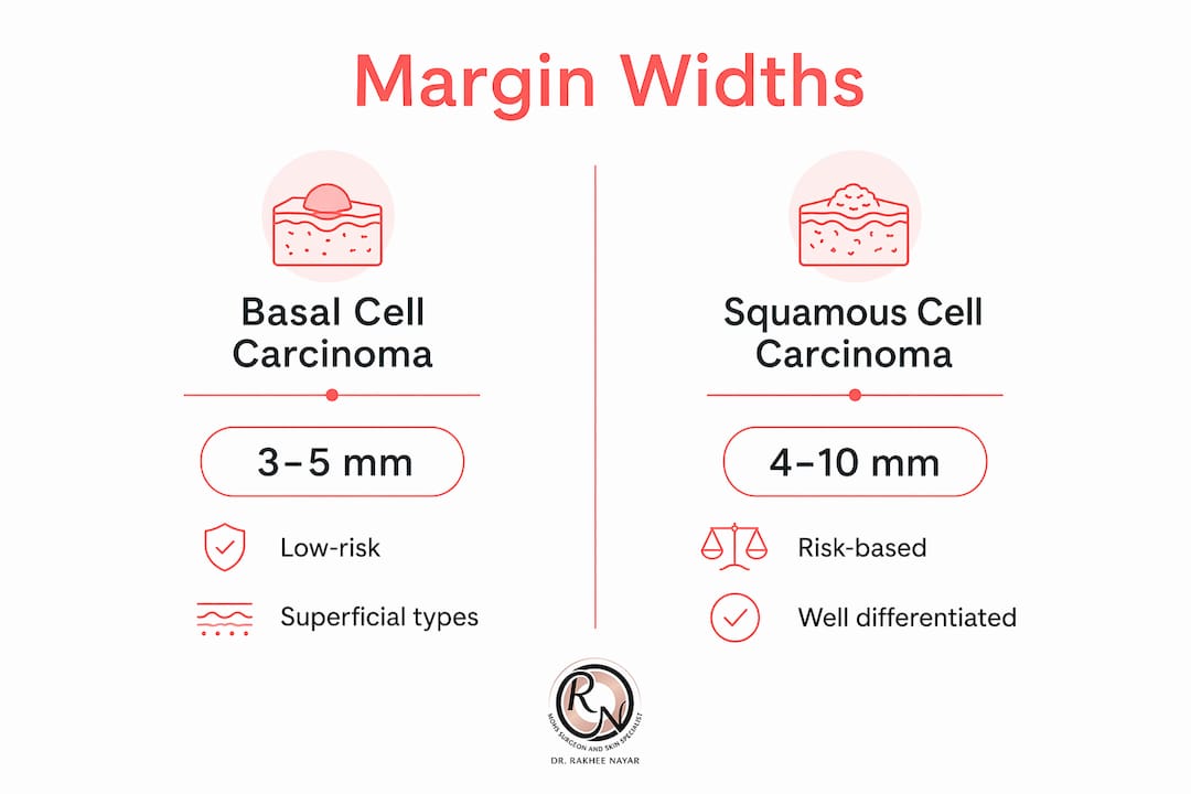 Infographic comparing skin cancer margin widths by type