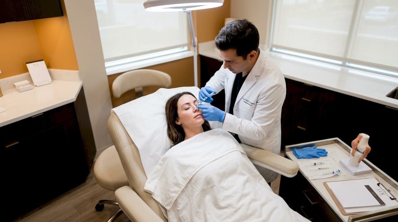 Practitioner injecting filler into patient’s nose