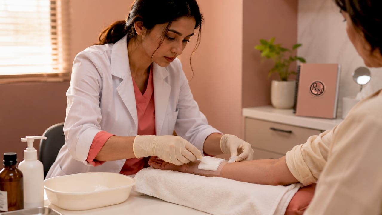 Healthcare worker changing surgical wound dressing