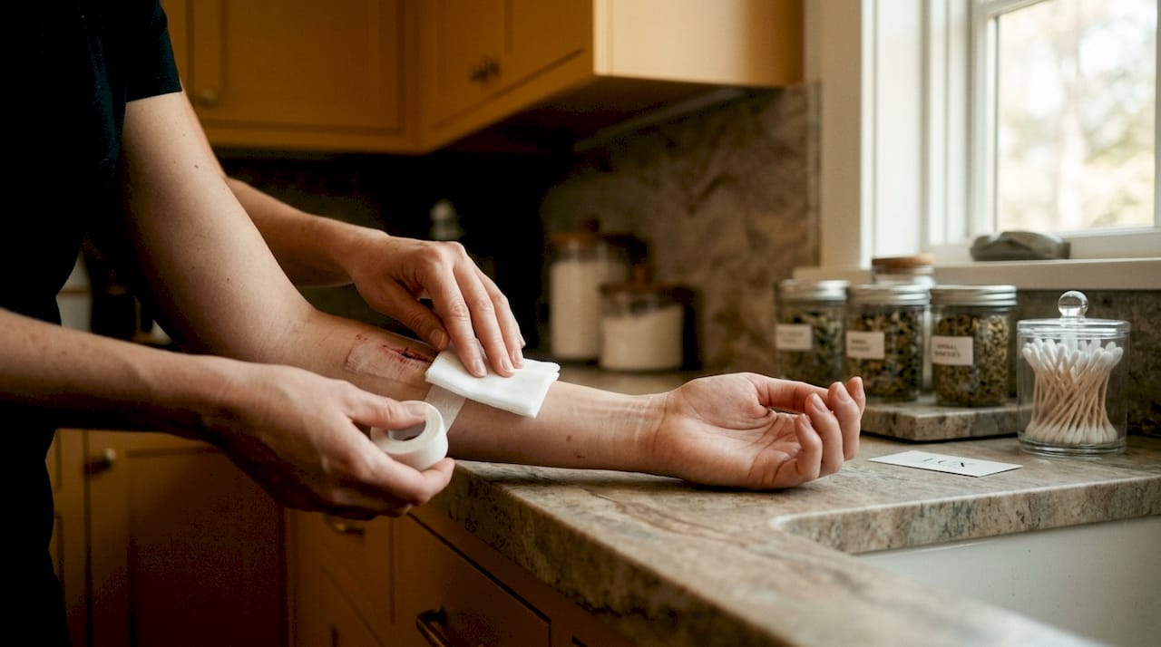 Hands cleaning post-surgery wound carefully