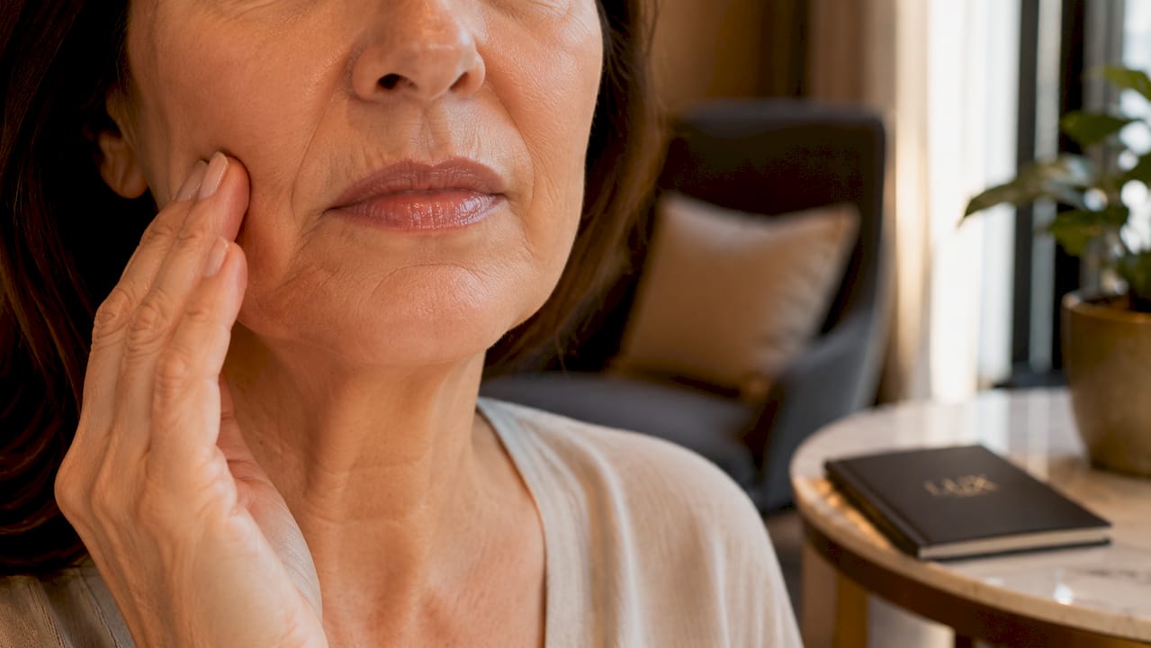 Close-up of woman’s facial skin with wrinkles