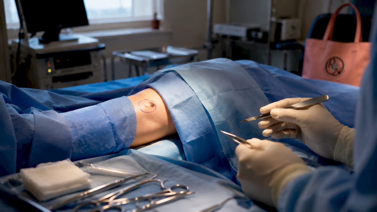 Close-up of surgical excision instruments in operating room