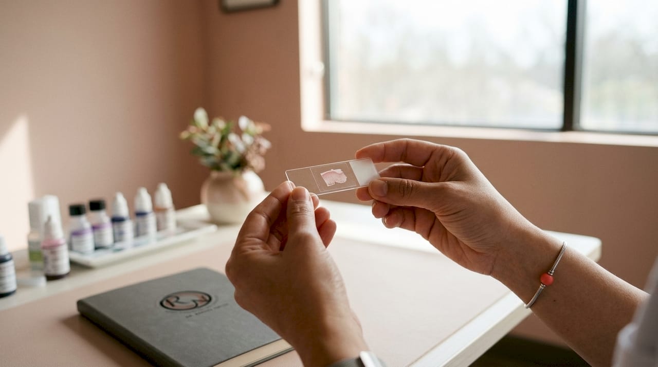 Pathologist examining skin biopsy slide