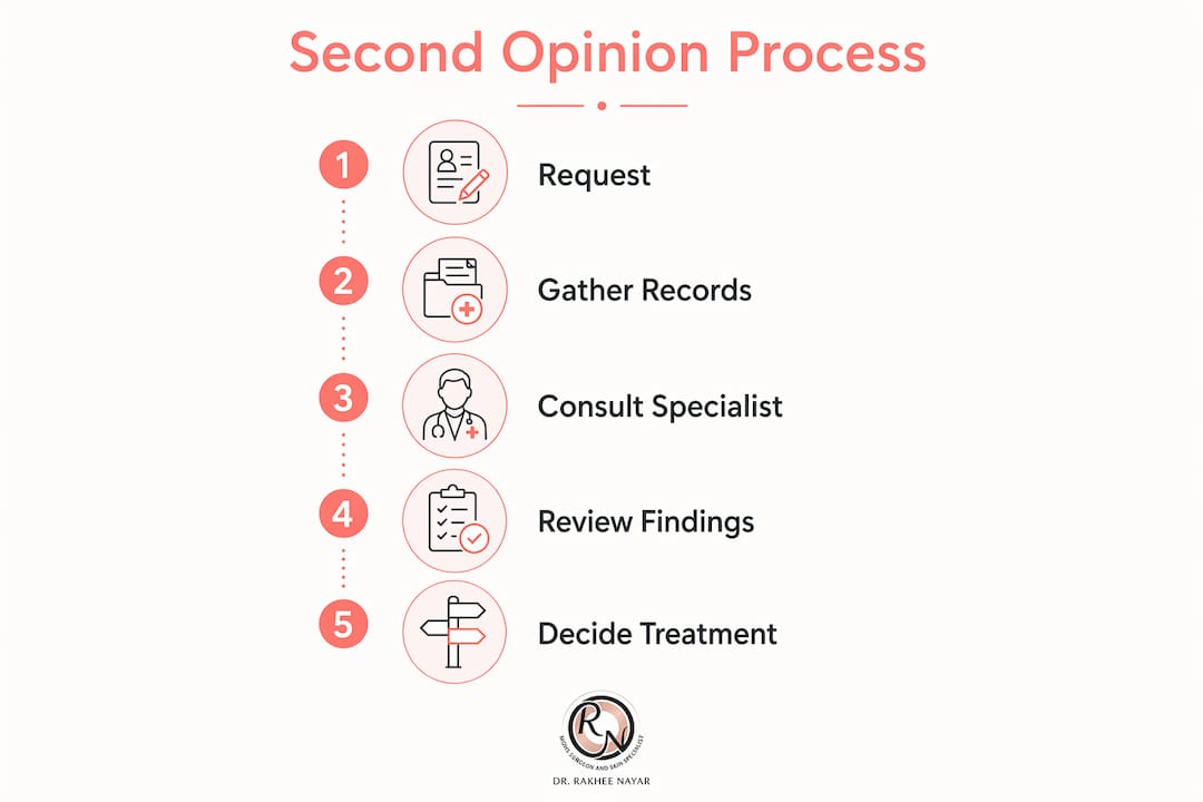 Infographic outlining five steps to seek skin cancer second opinion