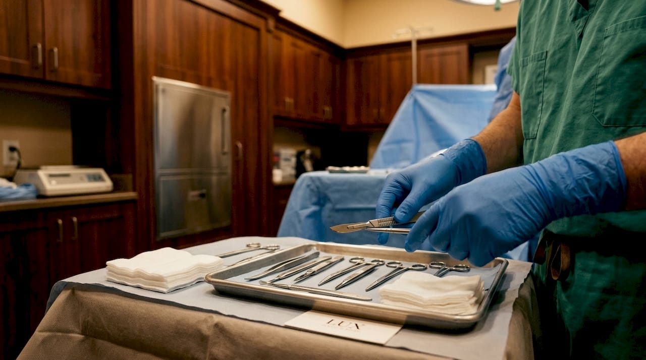 Close-up of surgical instruments for breast surgery