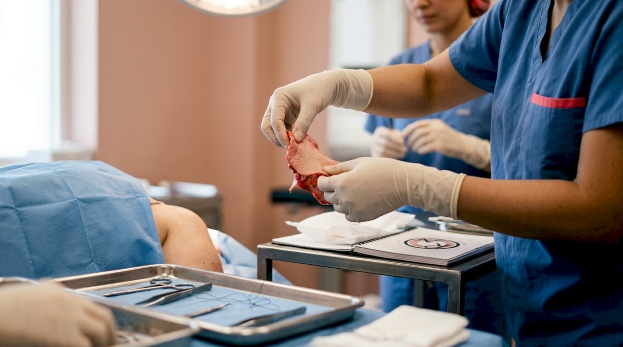 Surgeon's gloved hands lifting skin flap in surgery